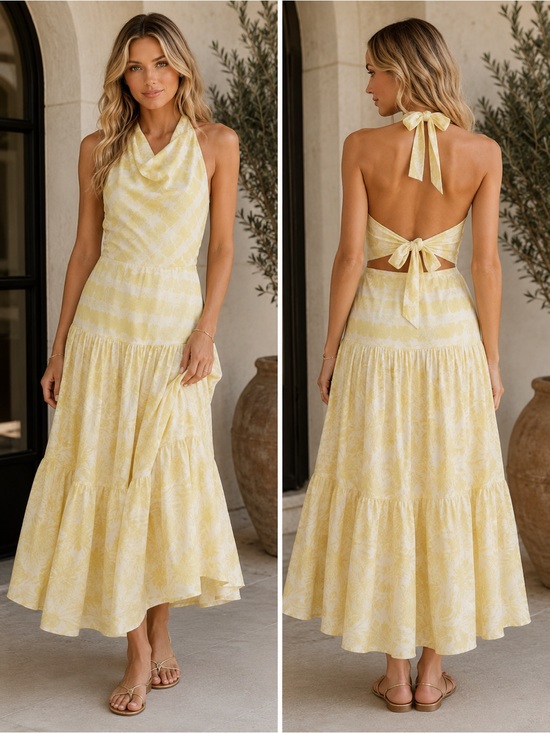 Banana Republic Dresses & Skirts - Banana Republic Silk Halter Midi Dress Yellow Tropical Print Size 0 NWT